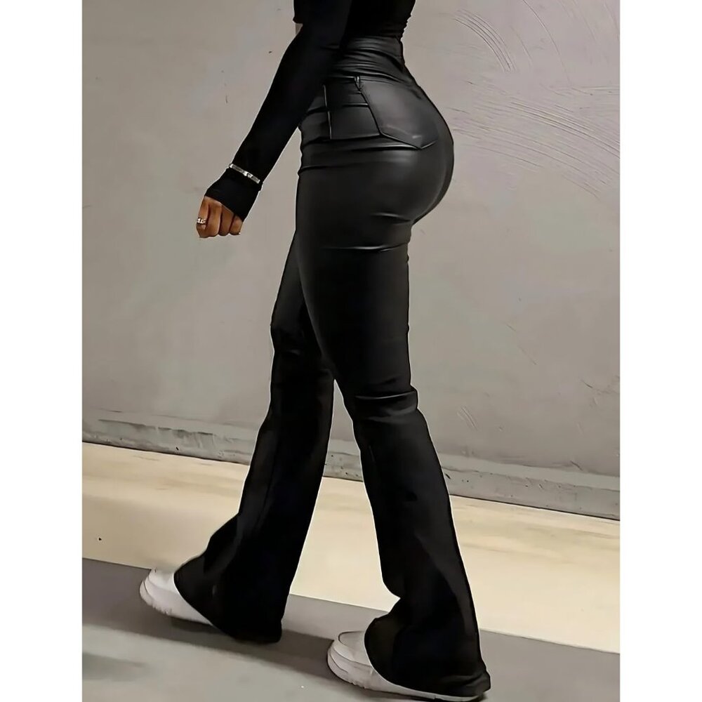 Women's 1 Black Cozy Faux Leather Flare Bell Bottom Sexy Legging Zipper Pants - Picture 3 of 7